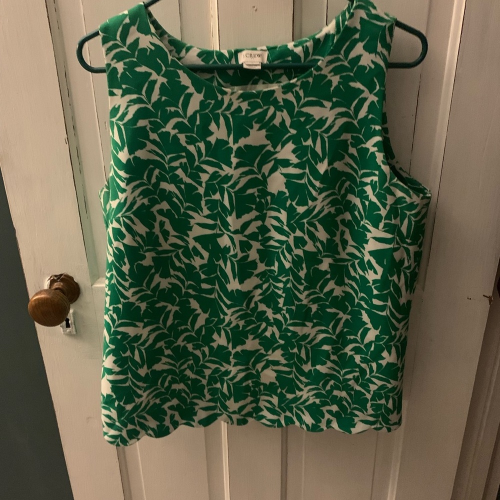 J. Crew Green and White Leaf Print Sleeveless Top